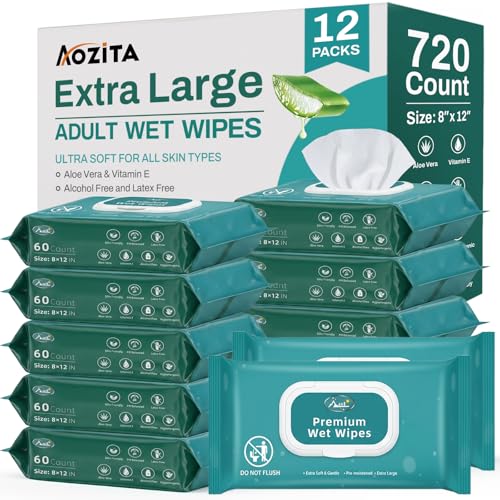 720 Count (12 Packs of 60) Wipes for Adults, 8' x 12' Extra Large Wet Wipes for Incontinence & Cleansing, Disposable Body Shower & Bath Wipes for Elderly Bathing No-Rinse - Vitamin E & Aloe