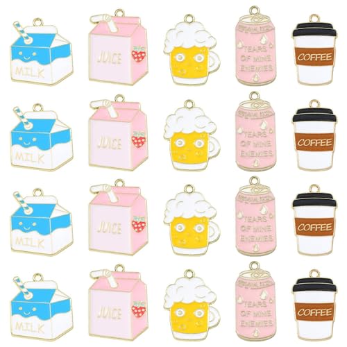 Stiesy 20Pcs 5 Styles Enamel Drink Theme Charms Beverage Charms Milk Box Beer Coffee Canned Drink Dangle Charms for Jewellry Making DIY Crafts Gift