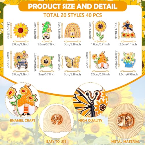 Image of Giegxin 40 Pcs Sunflower Enamel Pins Bulk Sunflower Party Favors Cute Lapel Pin for Backpack Gnome Bouquet Brooch for Women