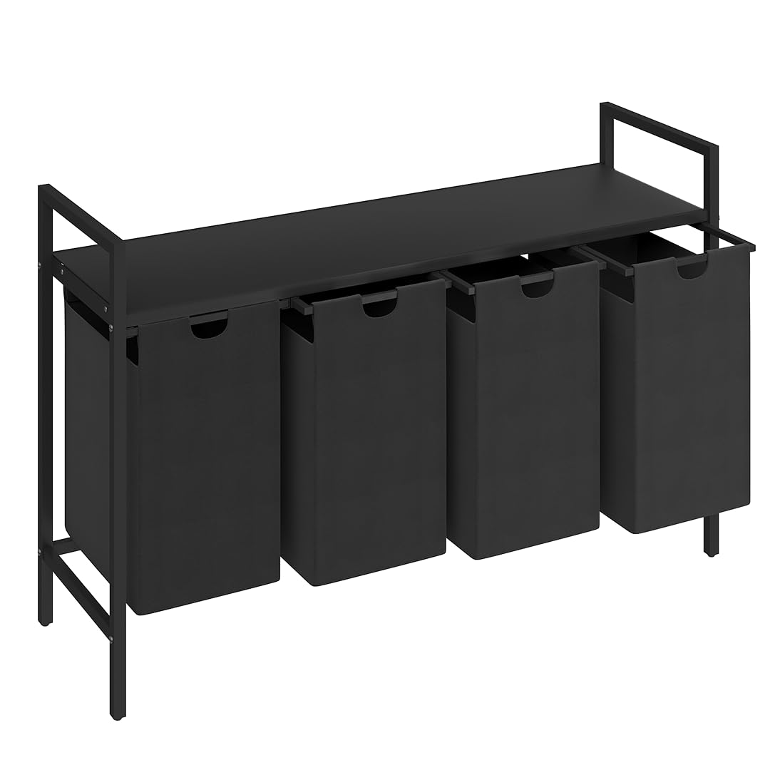 STEELSØN Rigil Wäschesammler 4 Fächer – Wäschekorb mit 1 Ablage – 4x 40 L Wäscheboxen in schwarz – Metall Wäschesortierer – ausziehbare & herausnehmbare Wäschesäcke – Schmutzwäschebehälter