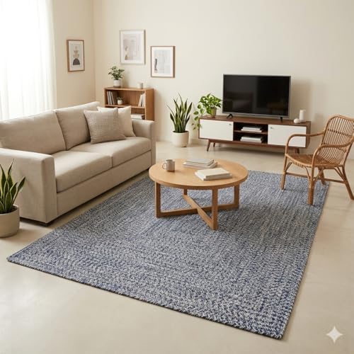 Image of Xenluxe Handmade Cotton Braided 6x9 feet Area Rug - Washable, Low Pile Reversible Floor Mat for Bedroom, Kitchen, Entryway & Living Room - Eco-Friendly Woven Carpet - (Light Blue, Rect)