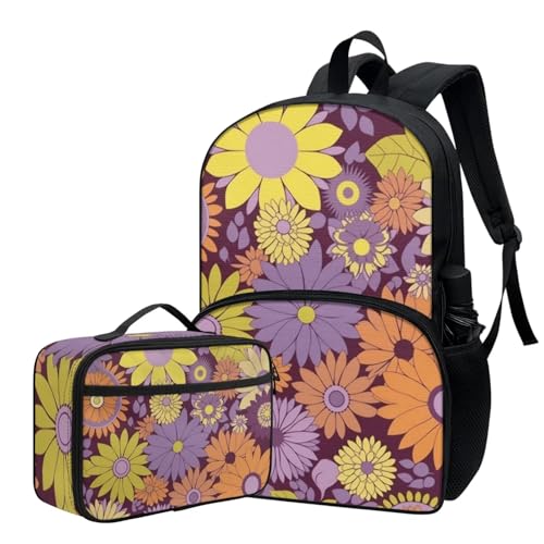 Modysero Personalized Boys Girls Backpack Set 2 Piece Purple Yellow Daisy Kids Bookbag with Lunch Box Cute Fashion School Daypack Set for Students3