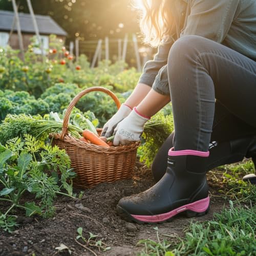 Image of WOVENPAK Women's Rubber Garden Boots, Ankle Rain Boots with Steel Shank, Waterproof Insulated Yard Gardening Shoes for Mud Working Outdoor Size 6-11