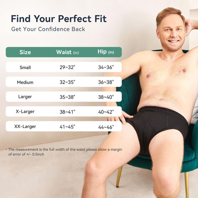 Incontinence Underwear for Men 2 Pack Washable Mens Incontinence Briefs with Front Absorbent Area Leak Proof Underwear for Men Reusable Urinary Incontinence Underwear (Black, L) - Image 6