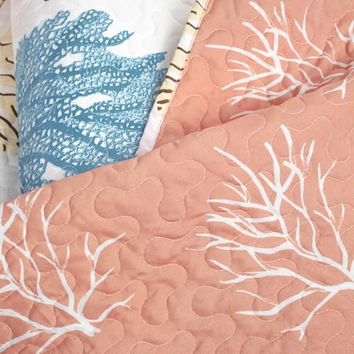 Image of Lush Decor Coastal Reef Feather Reversible Quilt Set, 7 Piece Set Full / Queen Blue & Coral - Queen Bedding Set Quilted - Coastal Decor - Beach House - Beachy Room
