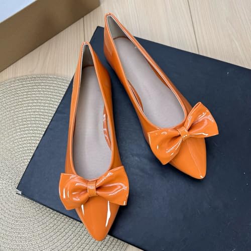 ChaiRong Zhou Women Lightweight Bow Patent Leather Flats Pointed Toe Slip on Low Heel Ballet Dress Party Office Shoes2