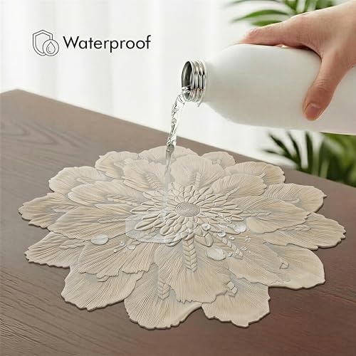 Image of Yellow Weaves 1 Pc PVC Round Table Placemat, Dining Table Mat, Stain Resistant, Anti-Skid, Waterproof, Washable, Dining, Kitchen, Restaurant Table Set Easy to Clean, Durable (Bloom Golden)