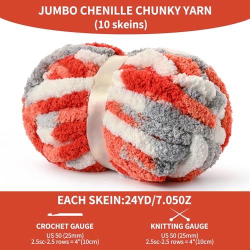Image of 10 Pack Jumbo Chunky Yarn for Hand Knitting, Fluffy Variegated Chunky Chenille Yarn for Crocheting, 240yds /70.5oz Super Bulky Soft Crochet Baby Blanket Yarn(White-Grey-Orange)