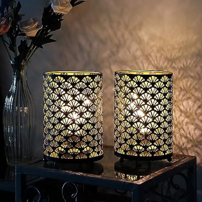TRIROCKS Set of 2 Battery Operated Lamp 6.5'' Tall Metal Cordless Table Lamp Bronze Lanterns with Warm Fairy Lights Bulb for Patio Garden Wedding Parties Indoor Outdoor(Scalloped Hollow Pattern)