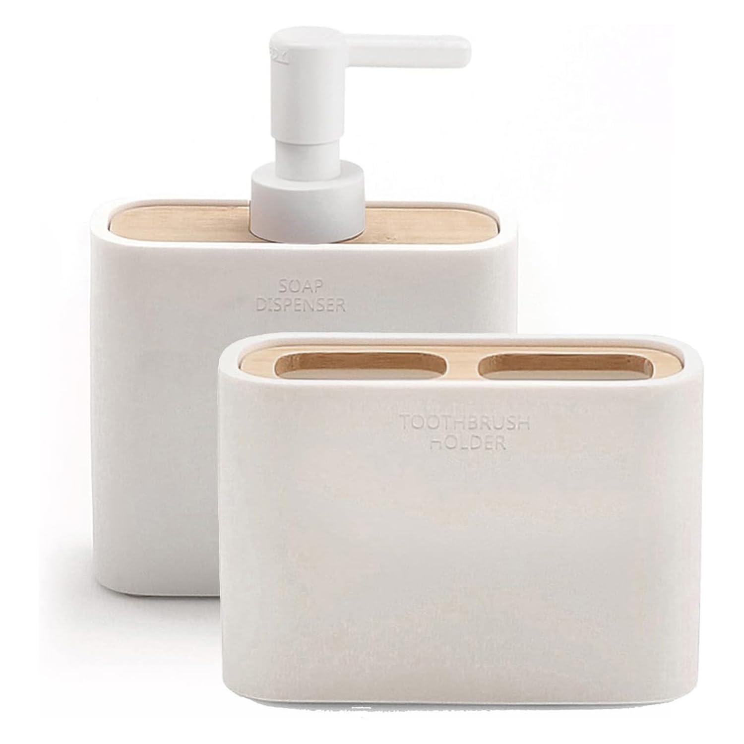 Gedy Melbourne Set 2 Pezzi Accessori Bagno Realizzato in Resina e Bambù Finitura Bianco Opaco, composto da 1 Dispenser Sapone Bagno con Erogatore e 1 Porta Spazzolini Bagno a 2 Scomparti