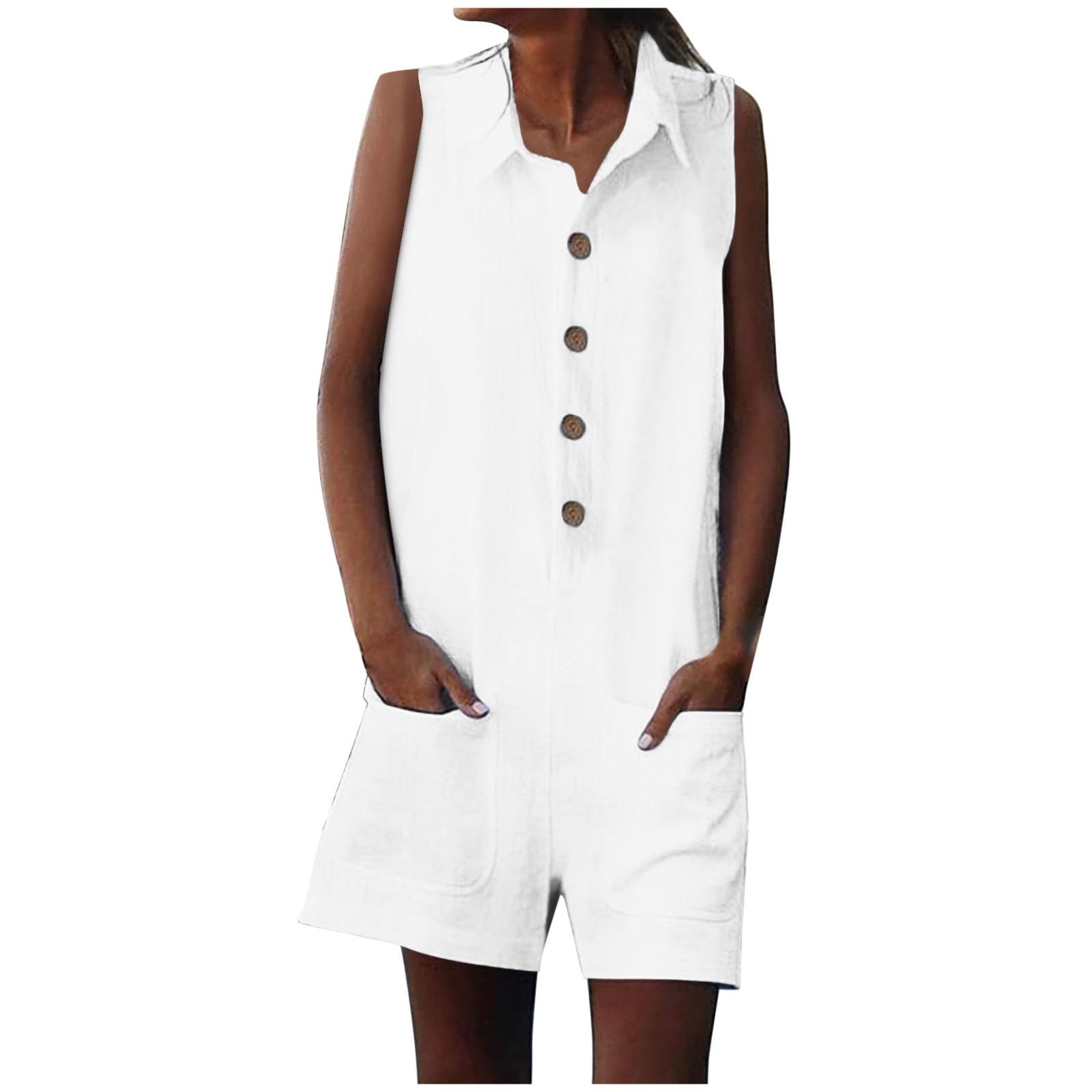 Masrin Mono corto para mujer, pantalones cortos de lino, sin mangas, con solapas de 2/3 botones, pantalones cortos de verano de algodón y lino, muselina, mameluco sin mangas, pelele