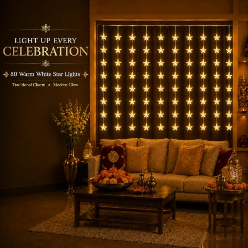 Image of Gesto Star Curtain Fairy Lights for Decoration - 80 Led String Lights with 8 Modes Changer | Warm White Decorative Lights for Home Decor, Room,Wall, Balcony, Christmas & Diwali Decoration- 10x3 Ft