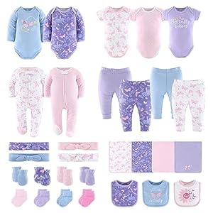 The Peanutshell Baby Layette Gift Set for Girls, Newborn to 9 Months Girl Clothes, Essentials & Must Haves, Purple Butterfly