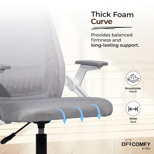 Image of HAVAI Airon Ergonomic Office Chair with Mesh Back | Executive Computer Chair with Reclining & Folding Function | Nylon Armrests | Class 2 Gas Lift | Plywood Base Support | WFH & Office Use (Grey)