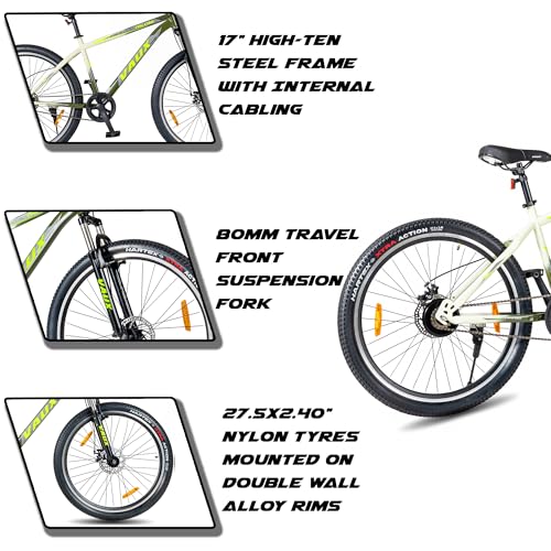 Image of Vaux Falcon MTB Cycle for Men 27.5T with Double Disc Brakes & Front Suspension, 27.5 inch Single Speed Mountain Bicycle for Adults with 17 inch Steel Frame, Double Alloy Rims & Nylon Tyres(Army-Green)