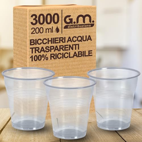 G.M. DISTRIBUZIONE 3000 Pezzi Bicchieri Acqua in Plastica Trasparenti da 200 ml, Riciclabili, Extra Rigidi e Super Resistenti, Usa e Getta, Ideale per Casa, Ufficio, Asporto Bevande Fredde
