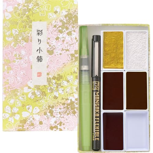 Kuretake Gansai Tambi IRODORI KOBAKO (Sakura-Muster) Limitierte Edition Aquarell-Set mit Wasserpinselstift und schwarzem Stift granulierend und metallisch hergestellt in Japan MC23-13A