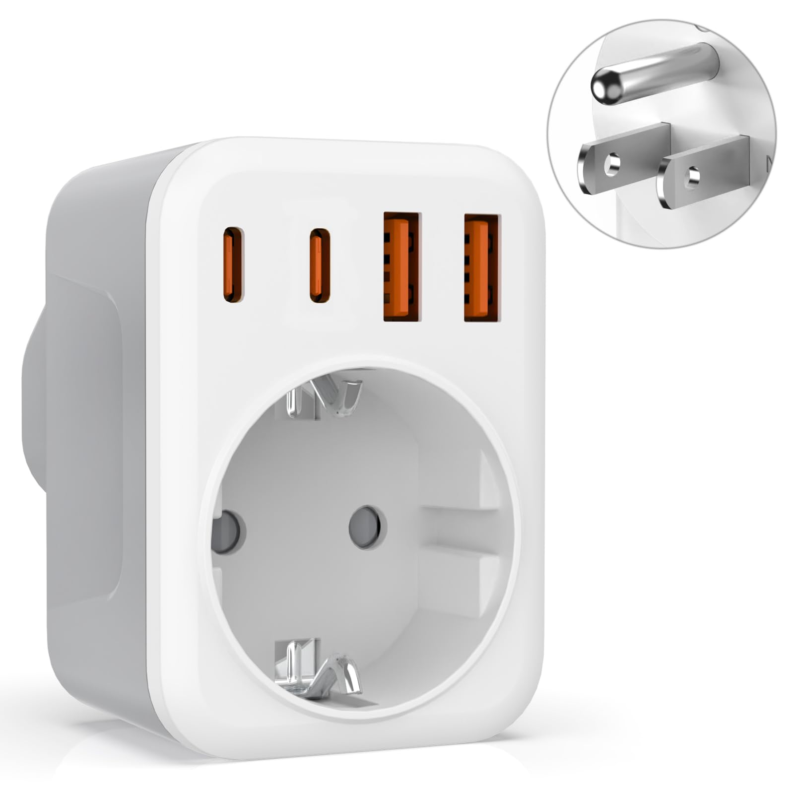 5 en 1 Adaptateur Prise USA,Adaptateur Prise Canada avec 2 USB-A et 2 USB-C et 1 Prise Européenne pour Canada, Mexique,Thaïlande(Type B)