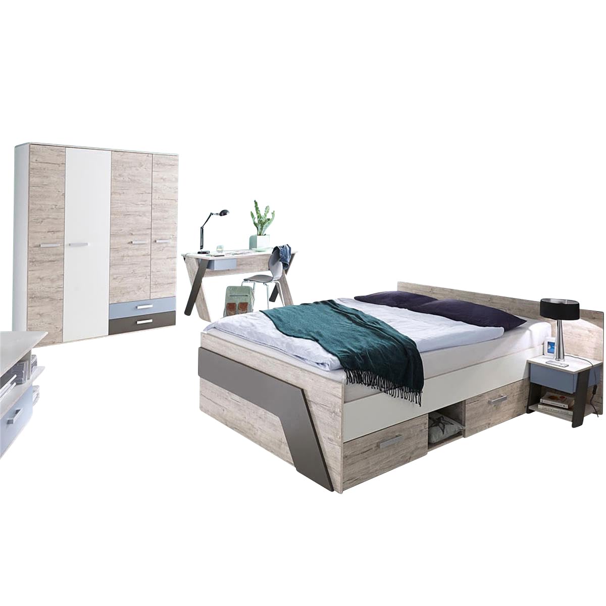 Lomadox Jugendzimmer Kinderzimmer Komplett Set, Eiche mit weiß Lava blau, 140x200 cm Kojenbett, Kleiderschrank, Schreibtisch, Nachttisch
