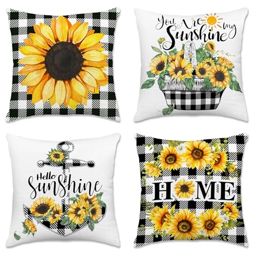 pinata Summer Spring Pillow Covers 18x18 Set of 4 Sunflower Decor Outdoor Pillows Cover Sunshine Black Plaid for Farmhouse Sofa Couch Indoor Home Throw Case(No Insert)