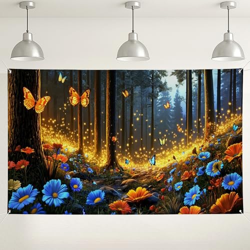 Fondo de bosque de mariposas, jardín encantado, decoración de fiesta, fondo floral vibrante para eventos, decoración de festival de temporada de primavera, 71 x 43 pulgadas