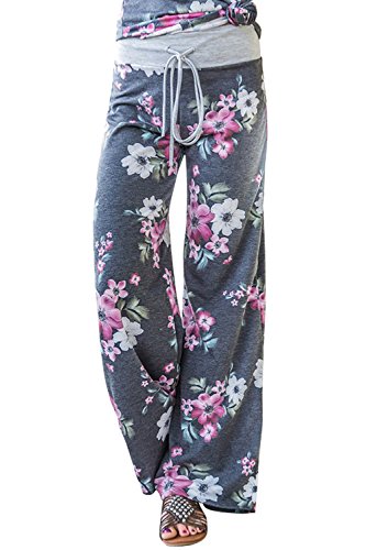 Image of AMiERY Women's Comfy Casual Pajama Pants Floral Print Drawstring Palazzo Lounge Pants Wide Leg