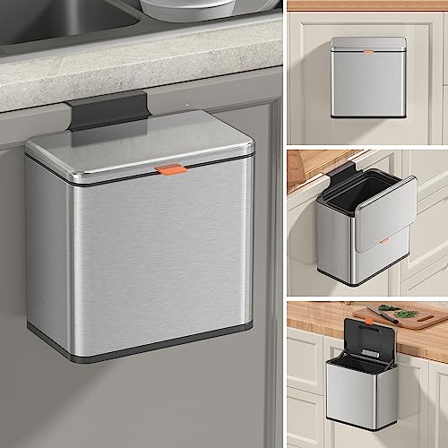 Mbillion Poubelle à compost de cuisine, à suspendre, avec couvercle, 4 l, en acier inoxydable, pour portes d'armoires de cuisine, montée sous l'évier,...