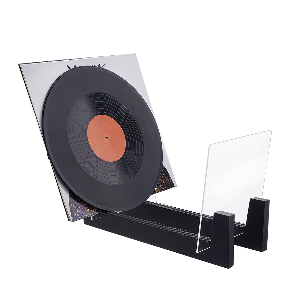 SUPERFINDINGS Record Storage Holder Display Black Desktop Acrylic Stand Organizer for LP Record Albums Acrylic Record Storage Record Holder Stand 35x17.8x19cm Record Storage Rack with Wood Bases