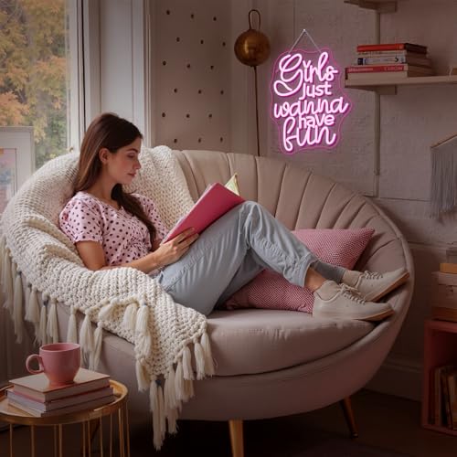 Image of Girls Just Wanna Have Fun Neon Sign 80's Party Decoration Retro Pink LED Neon Light Sleepover Party Girl Neon Signs for Wall Decor,for Bedroom Wedding Christmas Birthday