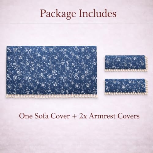 Image of STITCHNEST Woven Fabric Sofa Cover 2 Seater with 2 Hand Rest Covers - Washable Blue Sofa Cover with Tassels - Durable Premium Fabric - Stylish Sofa Protector for Living Room & Furniture Decor