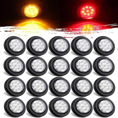 20Pcs 2 Inch Round LED Clearance Side Marker Lights Kit 9 LED w/Clear Reflector Lens 10 Amber + 10 Red 2 Led Round Trailer Side Marker Lights Sealed Flush Mount w/Grommet and 2 Prong Pigtails