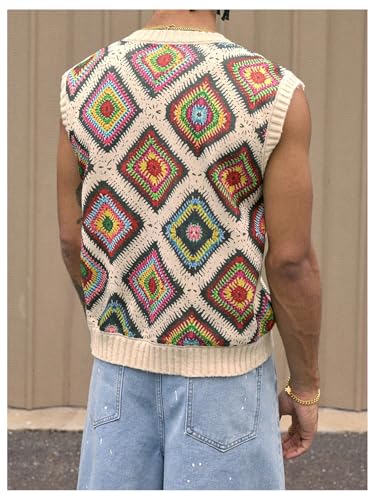 Verdusa Men's Hip Hop Patchwork Sweater Vest Boho Summer Sleeveless Knit Tops2