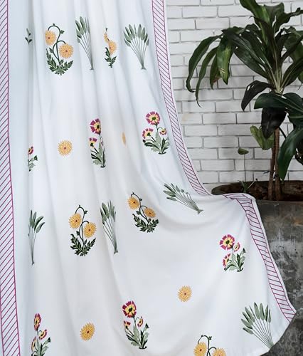 Image of Tranquebar Curtain Co. Window Curtains 5 Feet, 60-65% Room Darkening, Pink Ethnic Curtains Palms Print, Cotton Curtains for Window, Cotton Curtains 5 Feet Long Set of 2, BackTabs, Bagh (152 cm)