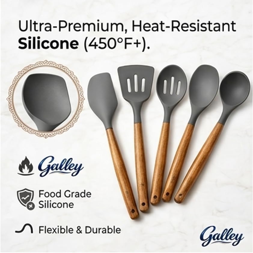 Image of Galley 5PCS Silicone Kitchen Utensil Set with wodden Handel Grey 5 piece