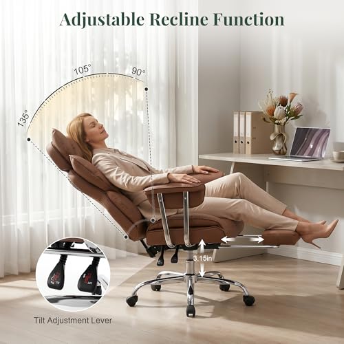 Image of Big and Tall Office Chair 400 LBS, Scratch-Resistant PU Leather Executive Ergonomic Desk Chair with Footrest, Lumbar Support, Wide Reclining Computer Seat for Home Office, Brown