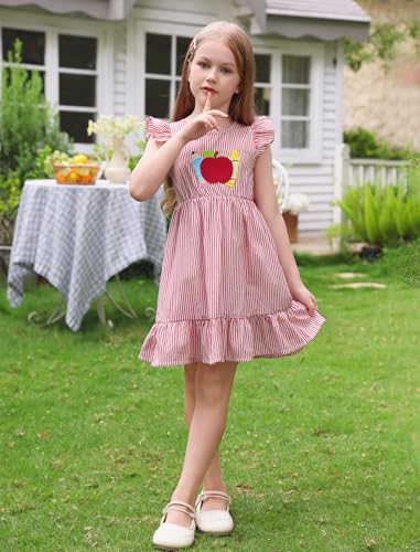 AWIBMK Girls Back to Shool Dress Ruffle Sleeve Apple Pencil Print A-line Summer Casual Kindergarten Preschool Prek Dress3