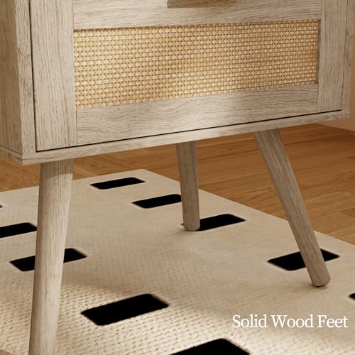 Image of JOONEE Rattan Nightstand with Charging Station,Farmhouse Bedside Table with 2 Storage Drawer and Open Wood Shelf, for Bedroom and Small Spaces,Night Stand with Solid Wood Legs (Grey Oak-Outlet)