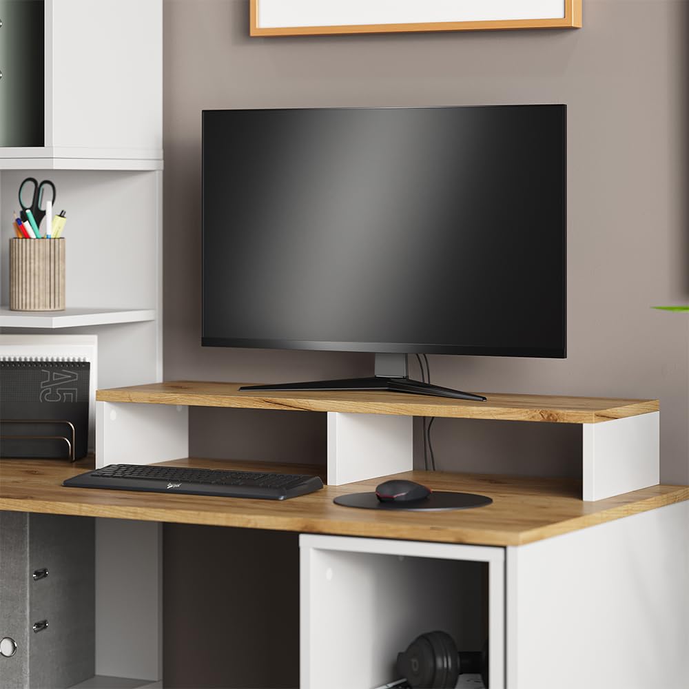 Vicco Monitorständer Tomy, Weiß/Goldkraft Eiche, 80 x 12 cm