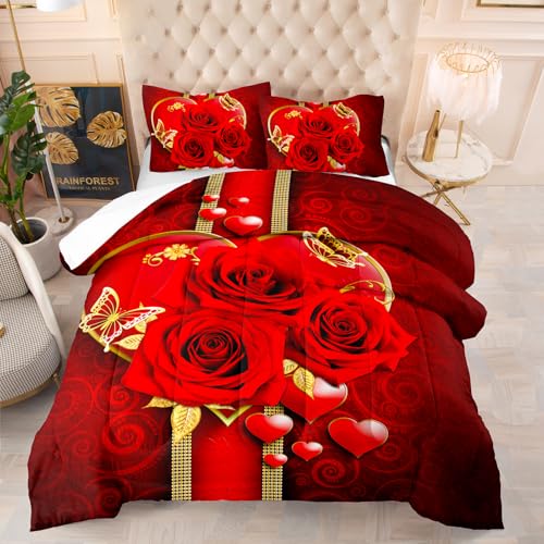 Edredon Cama 135 Rosa Roja Estampado Bedding Edredón Nórdico 203X228 Cm, Edredón De Fibra 200Gr/M²,Transpirable Colcha De Microfibra para Todas Las Estaciones