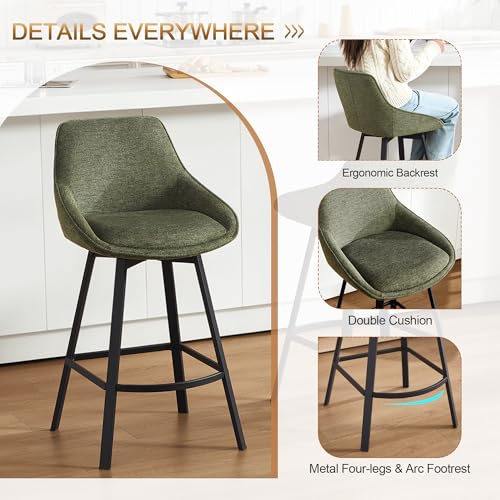 Image of Zesthouse Swivel Bar Stools Set of 2, Modern Counter Height Barstools with Backs, 26'' Upholstered Linen Fabric High Chairs for Island Kitchen, Counter Height Chairs with Metal Legs, Green