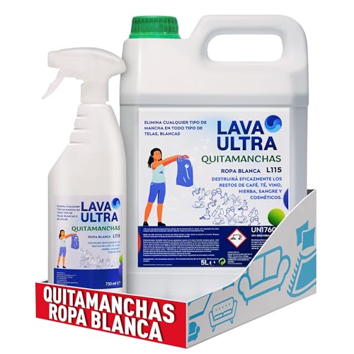LavaUltra Quitamanchas para Ropa Blanca 5L+Spray 750 ml, Quitamanchas Telas Blancas, Elimina Todo Tipo de Manchas : Vino, Chocolate, Tomate, Grasa, Aceite, Sangre, Maquillaje y más