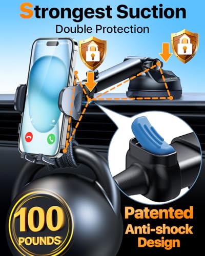 HTU 2025 Best Car Phone Holder【Ultimate 5-in-1 & Upgraded 100+LBS Strongest Suction】【True Military-Grade & Safety Cert】 Windshield Phone Mount, Dashboard Vent Stand for iPhone Android & Truck, Black - Image 4