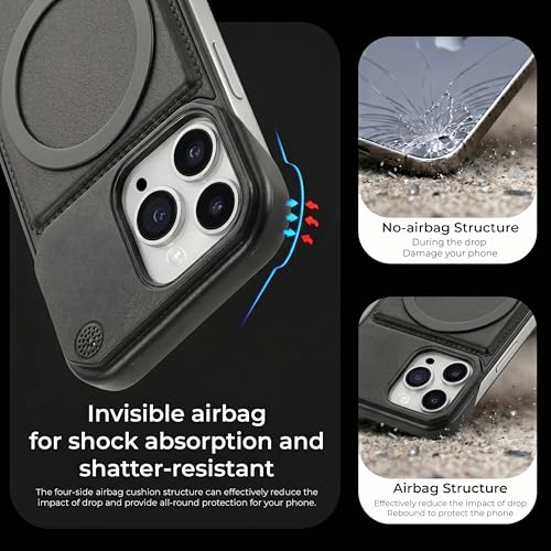 Image of Frameless Metal Case Compatible with MagSafe Luxury Aluminum Frame with PU Leather Finish Magnetic Ring with Wireless Charging Shockproof Premium Slim Case (Black, iPhone 14 PRO MAX)
