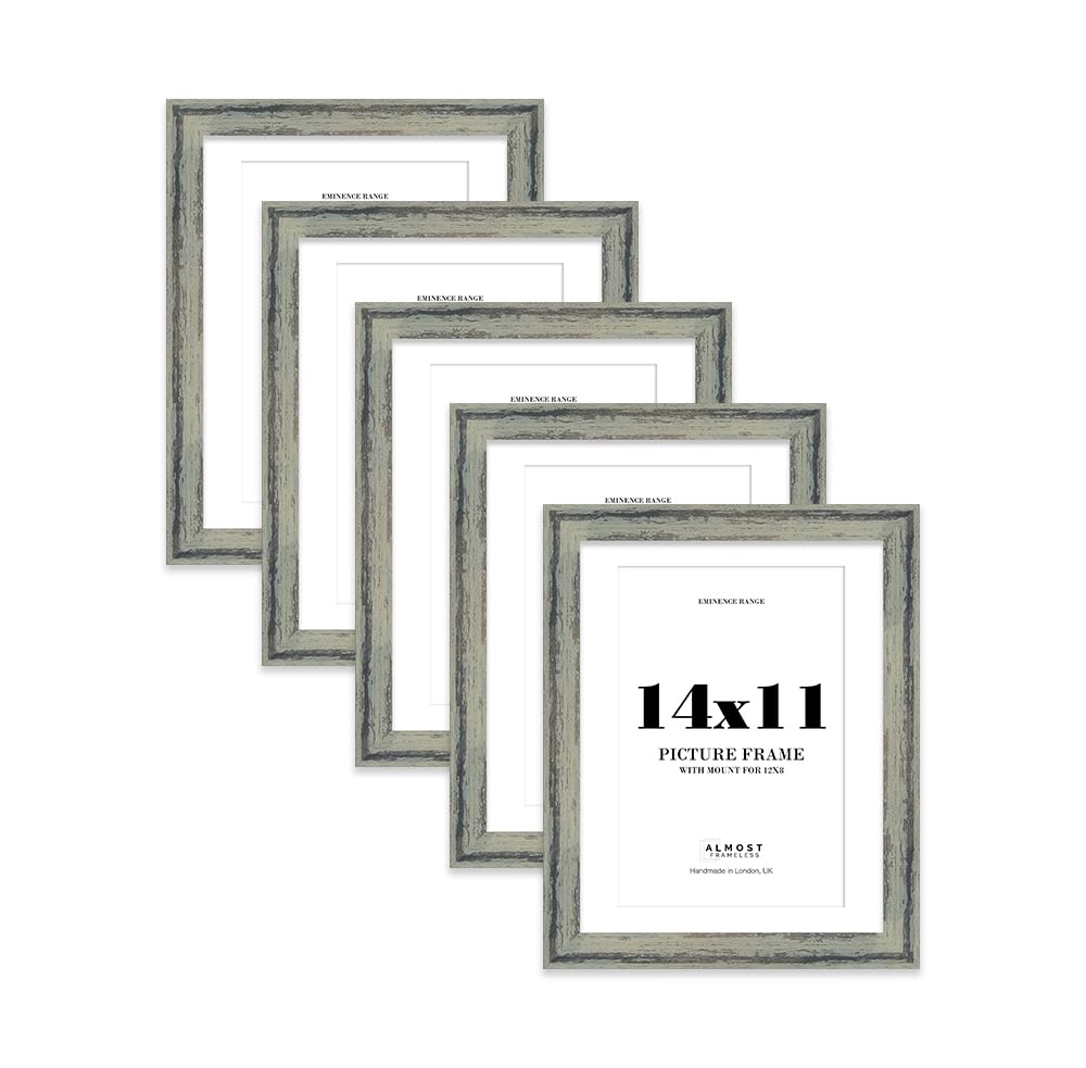 14x11" Distressed Green Picture Frame with 12x8" Mount - Reclaimed Wood Style Photo Frame with Distressed Finish, Wall Hooks and Kickstand, 32mm Edge - 5 Pack
