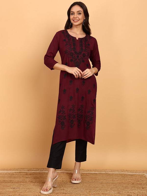 Image of Women Pink Ethnic motifs Embroidered Lucknowi Chikankari Long Kurti