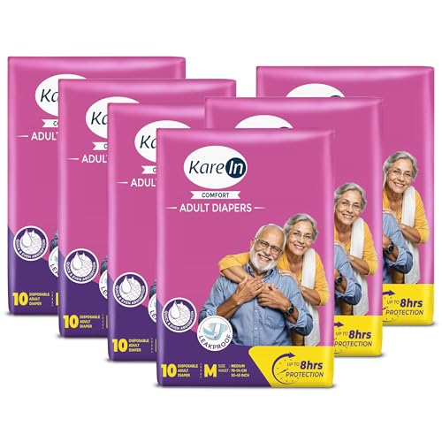 Image of KareIn Comfort Adult Diapers, Medium, Waist Size 76-114 Cm (30 inch-45 inch), Tape Style, Unisex, High Absorbency, Leak Proof, Wetness Indicator, Pack of 6, 60 Count