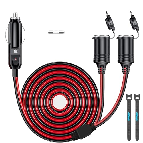 12V/24V Zigarettenanzünder Verteilersplitter 1 auf 2 2m Verlängerungskabel 240W 16AWG mit 2x20A Sicherungen - Kfz-Doppelsteckeradapter