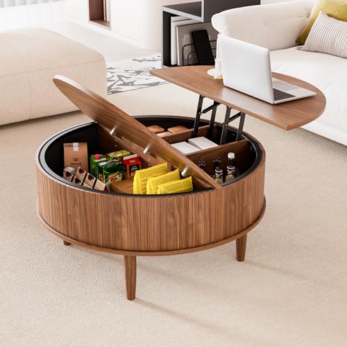 Image of Round Fluted Lift Top Coffee Table with Storage, Mid Century Modern Coffee Table for Living Room, Home Small Space,31.5 inch Fluted Center Table (Walnut, 31.5inch)