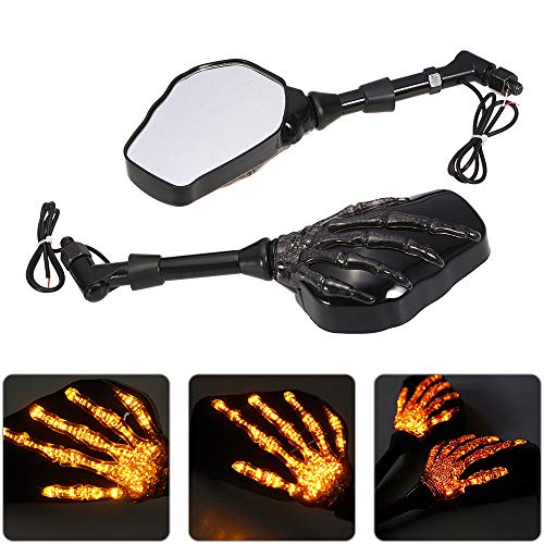 2Pcs Motorcycle Rearview Mirror LED Skull Skeleton Hand Ghost Claw Side Rear View Mirrors Left & Right Wide Angle Motor Motorbike Rearview Mirror LED Light Turn Signal Mirror Fit 10mm 8mm Thread Bolts