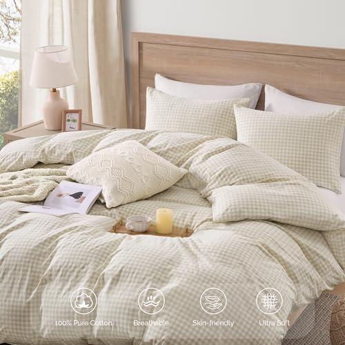 Image of Andency Cream Gingham Duvet Cover Twin, 100% Wash Cotton Linen Like Textured Breathable Comforter Cover Set, 2 Piece Beige Classic Yarn-Dyed Checkered Plaid Bedding Set for Dorm Kids Teens, 66 inch*90 inch